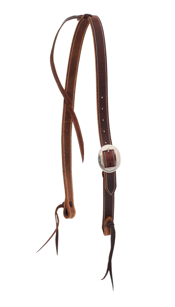 1” Chocolate Harness Leather Slip Ear Headstall with Cowboy Knots