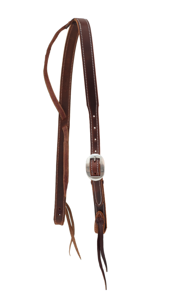 1” Chocolate Harness Leather Tapered Slip Ear Headstall with Cowboy Knots